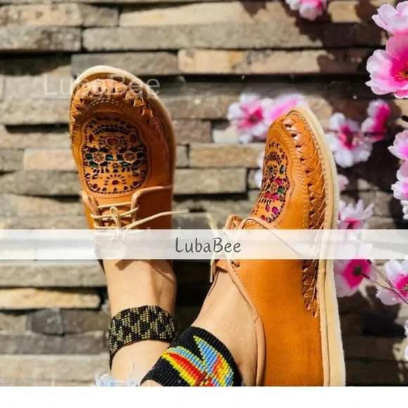 Genuine Leather Flat Skull Shoes Lace Up Tan Oxford Casual Mexican Size 8M - Picture 7 of 7